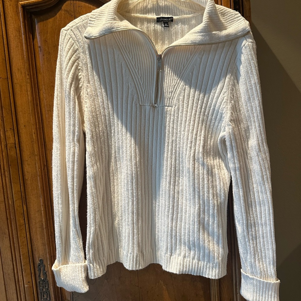 Talbots Cream Ribbed Half-Zip Sweater